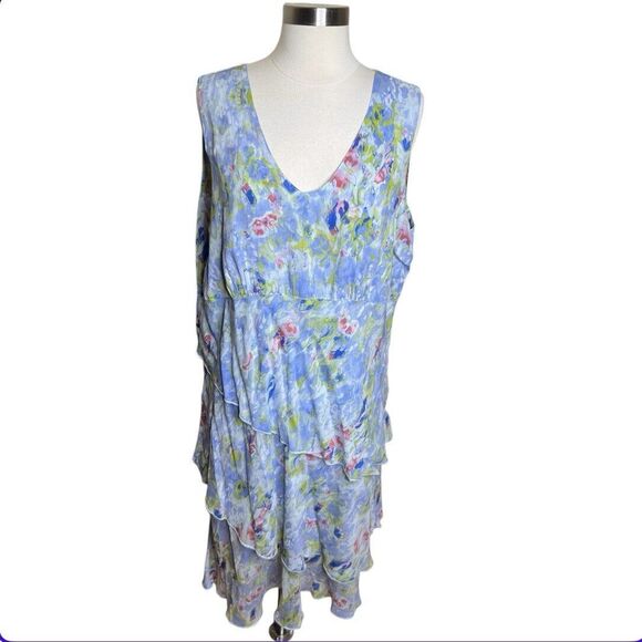 Click Color Me Cotton Floral Tiered Dress Womens Size XXL Blue Asymmetrical - Picture 3 of 8